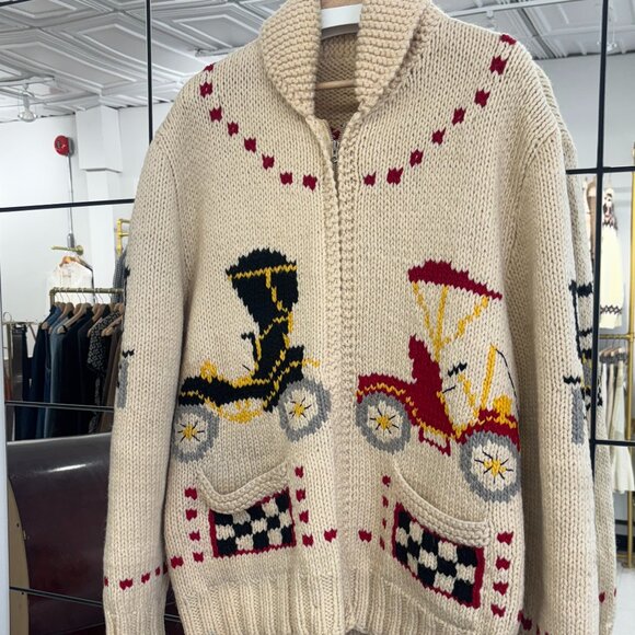 1960s Cowichan Cart Cars Wool Zip Up Knit - Picture 1 of 4